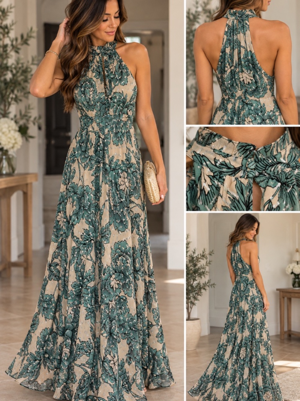 Diane von Furstenberg DVF Silk Floral Halter Maxi Dress L Metallic